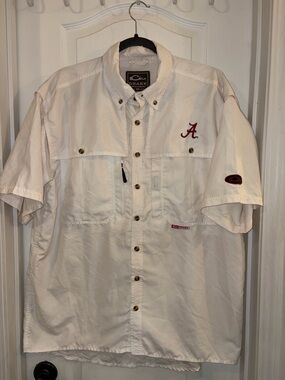 Drake White Short-Sleeve Button-Up Shirt with Crimson 'A'